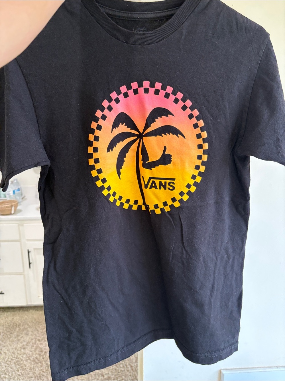 Vans Black Tee with Pink-to-Yellow Palm Sunset Graphic
